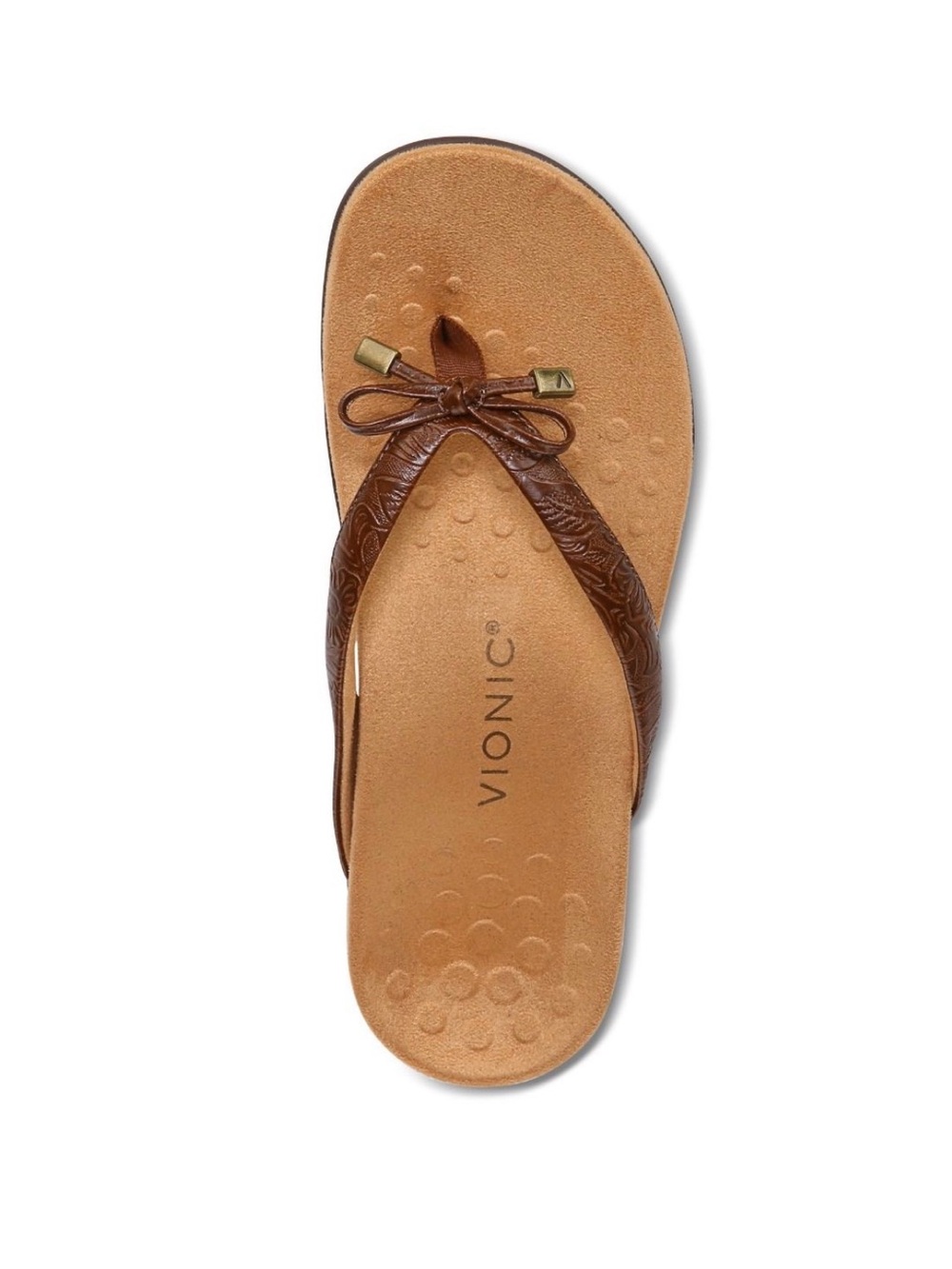 Vionic Womens Bella Sandal Brown Floral Embossed Thong Arch Support